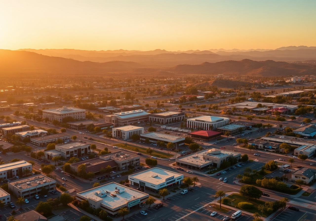 Aerial view of a Southern California business district at golden hour